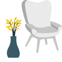 Minimalist flat design is showing lounge chair and vase with yellow foliage on transparent backdrop