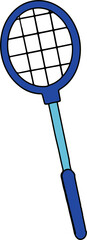 Tennis racket is showing navy frame or handle, black mesh, sky-blue shaft on transparent background