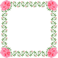 Pixel art floral border showing pink roses and green vines on transparent background, copy space