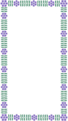 Flat vector botanical frame is showing fern leaves and purple flowers on transparent background