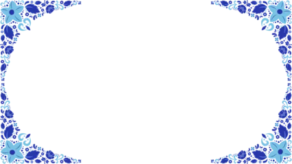 Gardinen Floral frame showing blue flower-leaf motifs, vines and dots, flat-design, transparent background © vectorfusionart
