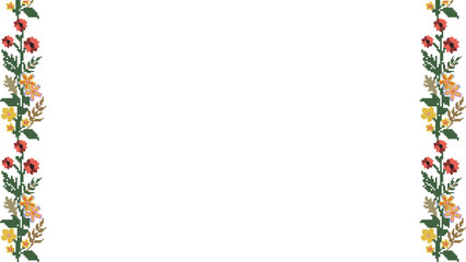 Pixel-art floral frame is showing poppy, frangipani with tan leaves, transparent bg, copy space