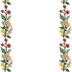 Vertical pixel-art borders are framing transparent panel with red, yellow, pink blooms, copy space