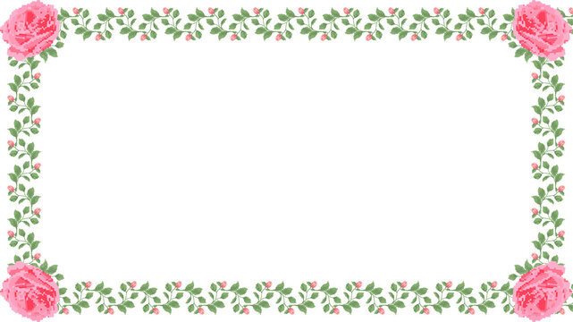 Fototapeta Forming pixel art leafy vine border with pink buds, rose corners, transparent bg, copy space