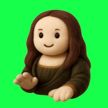 Cute plush Mona Lisa toy animation, transparent 4K video, green screen