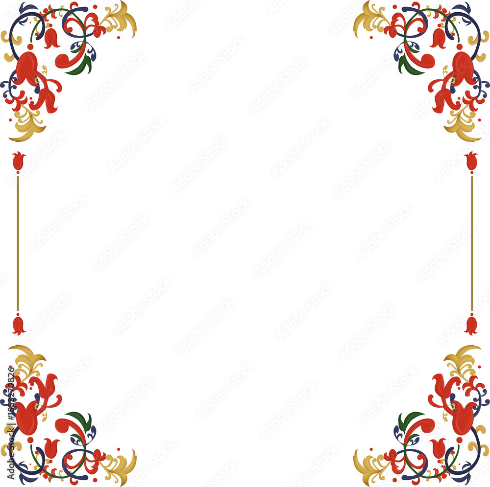 Poster featuring vector border with floral corner scrollwork and tulip accents on transparent background