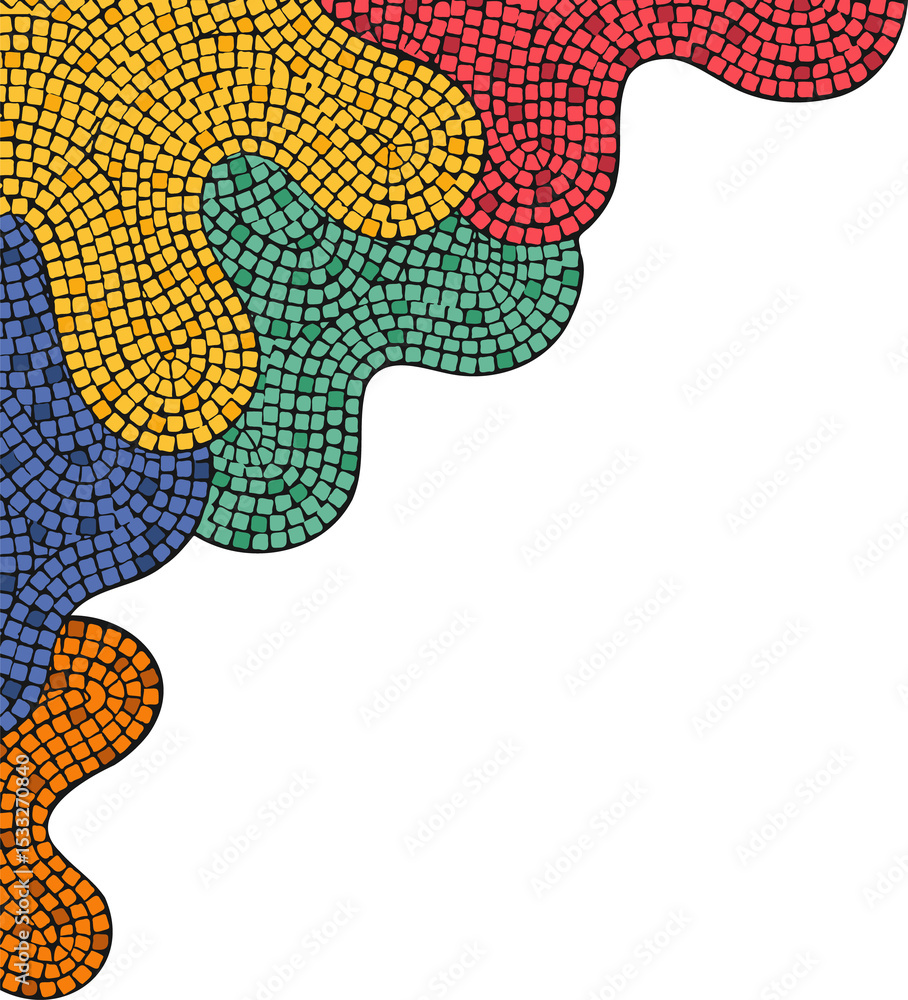 Poster colorful abstract mosaic pattern is flowing at top-left in flat design, transparent background