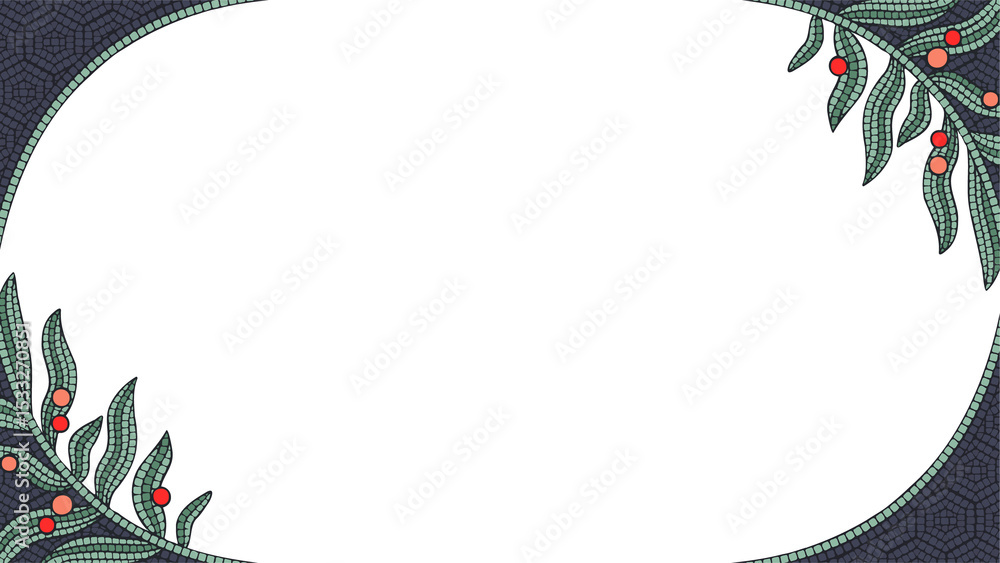 Poster flat design mosaic border is forming oval shape on transparent field with leaf and berry clusters