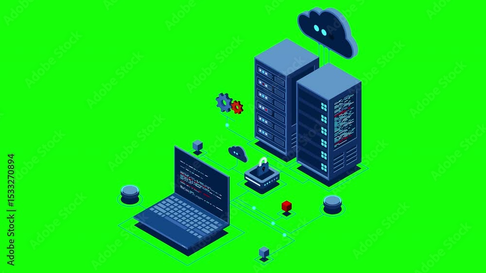 Poster Cyber data security. Internet security isometric concept. Server room connected with laptop through protected hub. Computing internet digital technology. 4K seamless loop animation
