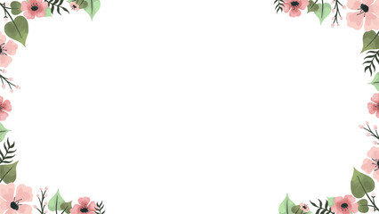 Obraz na płótnie Canvas Showing flat floral frame pink blossoms green leaves buds sprigs transparent background, copy space
