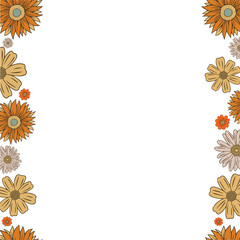 Hand-drawn stylized daisy and sunflower blooms are decorating transparent border strips, copy space