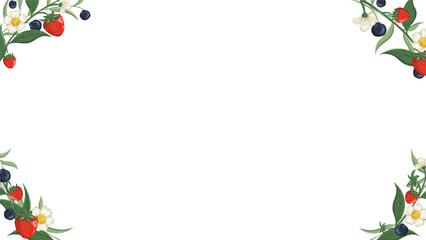 Strawberry blueberry border is showing flowers and green leaves on transparent background in vector