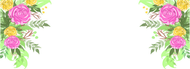 Watercolor borders are framing pink and yellow roses with green foliage on transparent backdrop