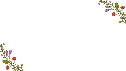 Flat corner ornaments are showing wildflower clusters with green foliage on transparent background