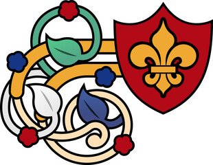 Flat heraldic emblem is showing red shield, gold fleur-de-lis, vine loops on transparent background