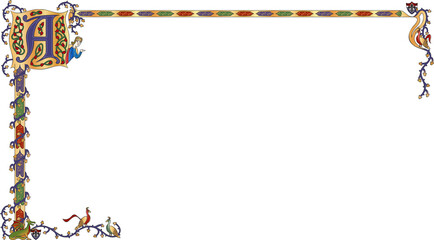 Medieval illuminated border design is featuring gold leaf initial, vines, animal motifs, copy space