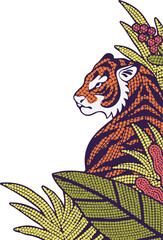 Stylized tiger head and body are rising from dot pattern with jungle foliage transparent background
