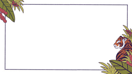 Stylized tiger head is emerging from tropical foliage in flat violet frame, transparent, copy space