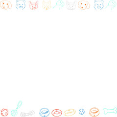 Colorful line-art pet icons and toys are lining transparent background, copy space