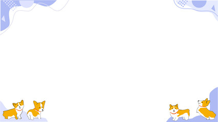 Four cartoon corgis are bordering bottom corners of transparent center with purple shapes and dots
