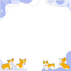 Four cartoon corgi dogs are forming frame with pastel purple shapes on clear background, copy space