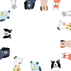 Showing circular dog border on transparent canvas with varied coats, bandanas, bow ties, copy space