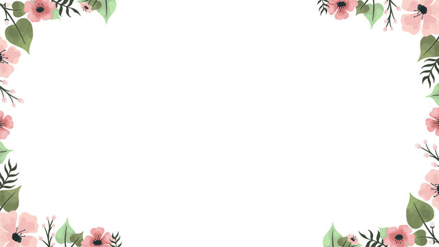 Showing flat floral frame pink blossoms green leaves buds sprigs transparent background, copy space