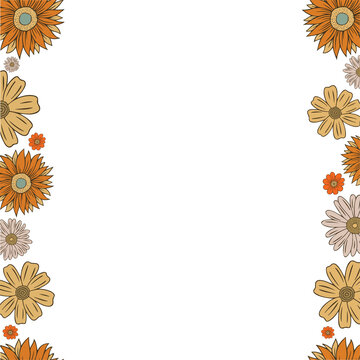 Fototapeta Hand-drawn stylized daisy and sunflower blooms are decorating transparent border strips, copy space