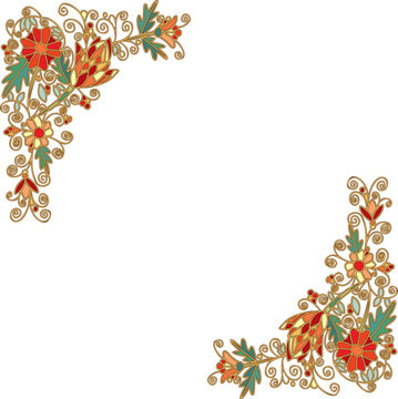Fototapeta Vector floral corners are decorating transparent canvas showing blossoms leaves and golden filigree