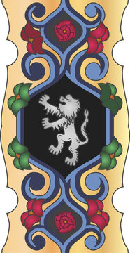 Fototapeta Heraldic emblem is showing flat design silver lion with scrollwork, roses on transparent background