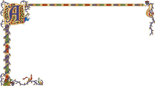 Medieval illuminated border design is featuring gold leaf initial, vines, animal motifs, copy space