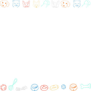 Colorful line-art pet icons and toys are lining transparent background, copy space