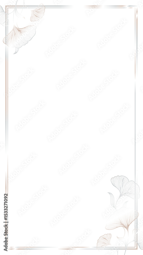 Poster silver frame featuring double-line border and ginkgo clusters on transparent background, copy space