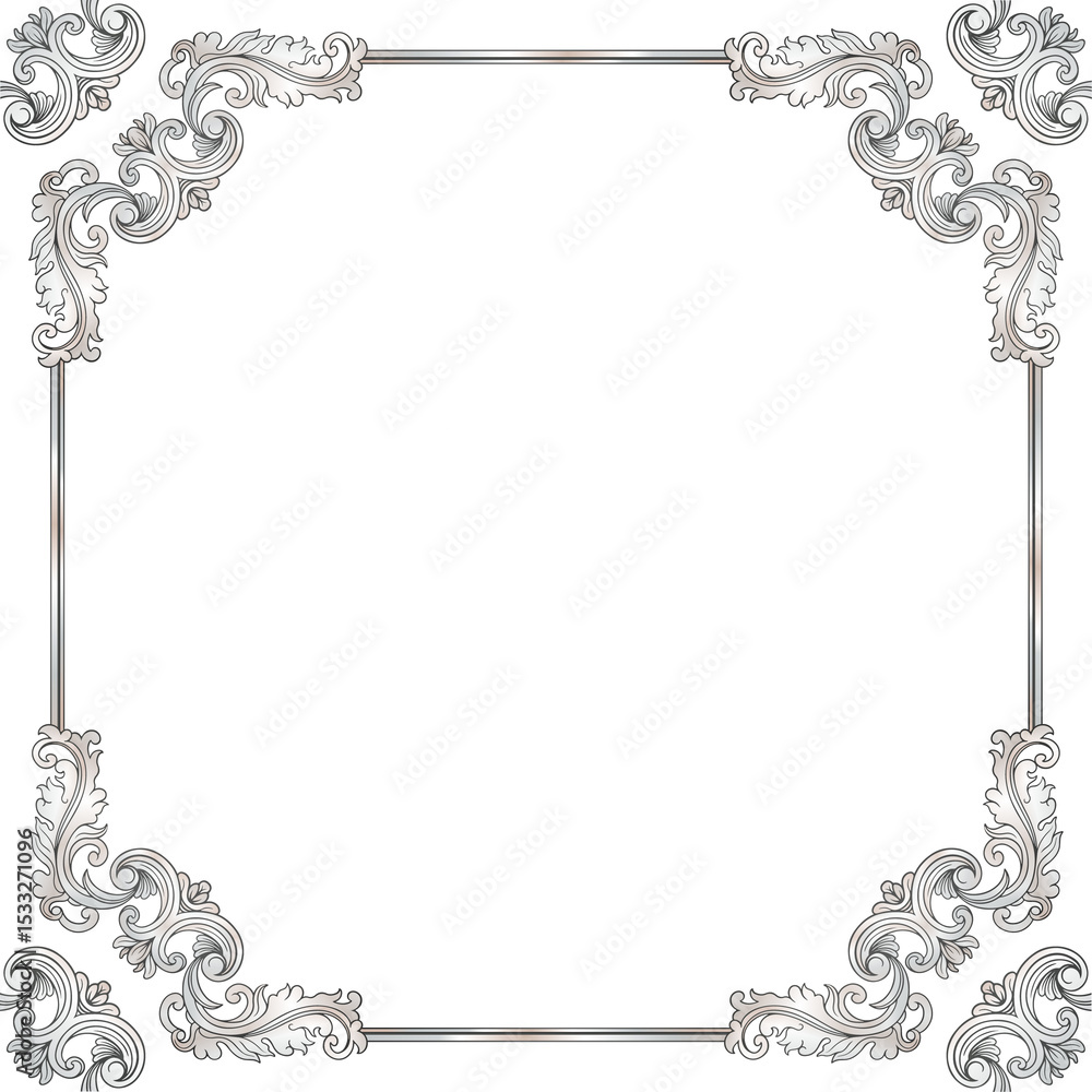 Poster rococo-style border is being shown in vector art on transparent background with silver scrollwork