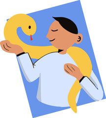 Adult man is holding big yellow snake in flat design, skewed blue rectangle, transparent background
