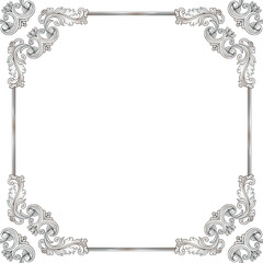 Rococo-style border is being shown in vector art on transparent background with silver scrollwork