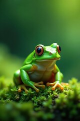Camouflaged green frog on vibrant green foliage, plant, photography