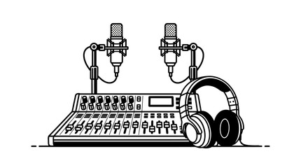Podcast and Radio Broadcast Studio Equipment Line Art
