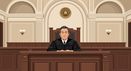 Male Judge Seated in Courtroom Illustration