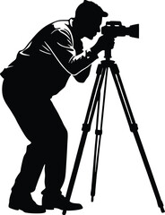Silhouette of Male Photographer Using Tripod Camera, Vector Illustration