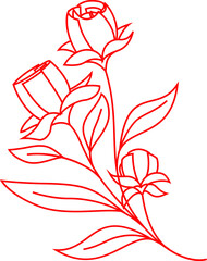 Obraz premium Flat red line art is showing three rosebuds on curving stem with leaves, transparent background