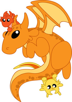 Flat design orange dragon is hovering on clear background with wings, spotted tail, tiny companions