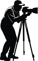 Silhouette of Man with Camera on Tripod, Photographer Capturing a Shot Vector Illustration