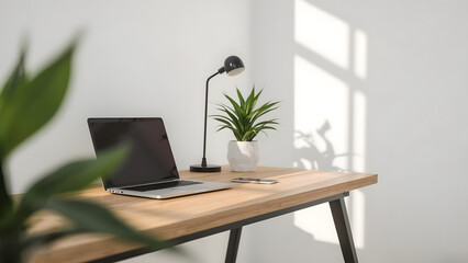 Fototapeta premium Minimalist wooden desk with laptop and plant in natural light