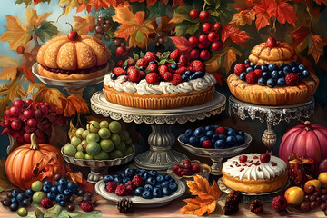 Autumnal display of delectable desserts and fruits.