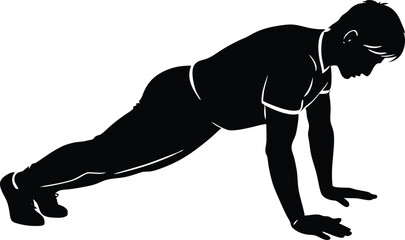 Silhouette of Man Doing Push-Up Exercise, Fitness Vector Illustration