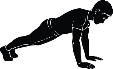 Silhouette of Man in Push-Up Pose, Bodyweight Workout Vector Illustration