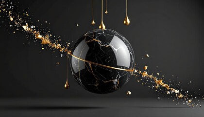 Abstract Black Marble Sphere With Gold Accents And Droplets