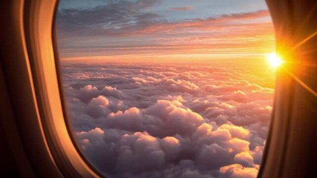 View from airplane window as plane moves forward in slow motion with sunrise over soft pink clouds. 4K.
