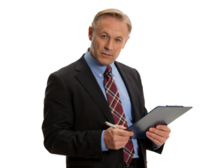 Confident mature businessman reviewing documents carefully pen on transparent background